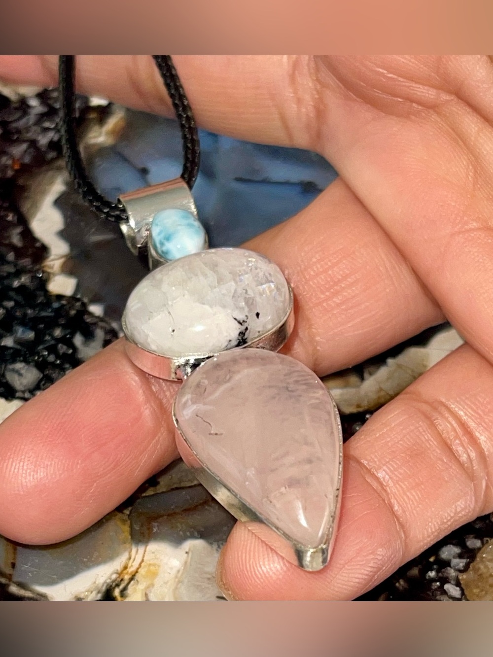 Petite Larimar, Rainbow Moonstone & Rose Quartz Crystal Pendant 2 1/2” - Picture 7 of 17
